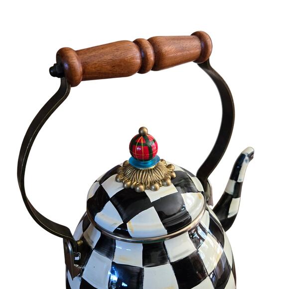 MacKenzie-Childs Courtly Check Black & White Enamel Tea Kettle Blue Green Red - Picture 5 of 16